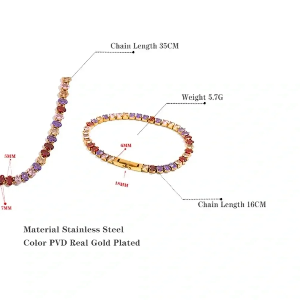 Colorful Zirconia 18K Gold Stainless Steel Waterproof Tennis Bracelet